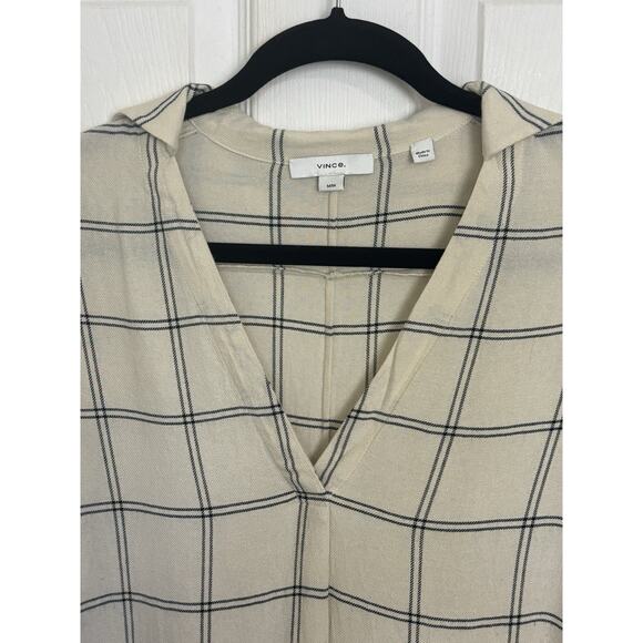Vince Wool Blend Cream Plaid Flannel Long Sleeve Collared Blouse Size Medium - Picture 2 of 5